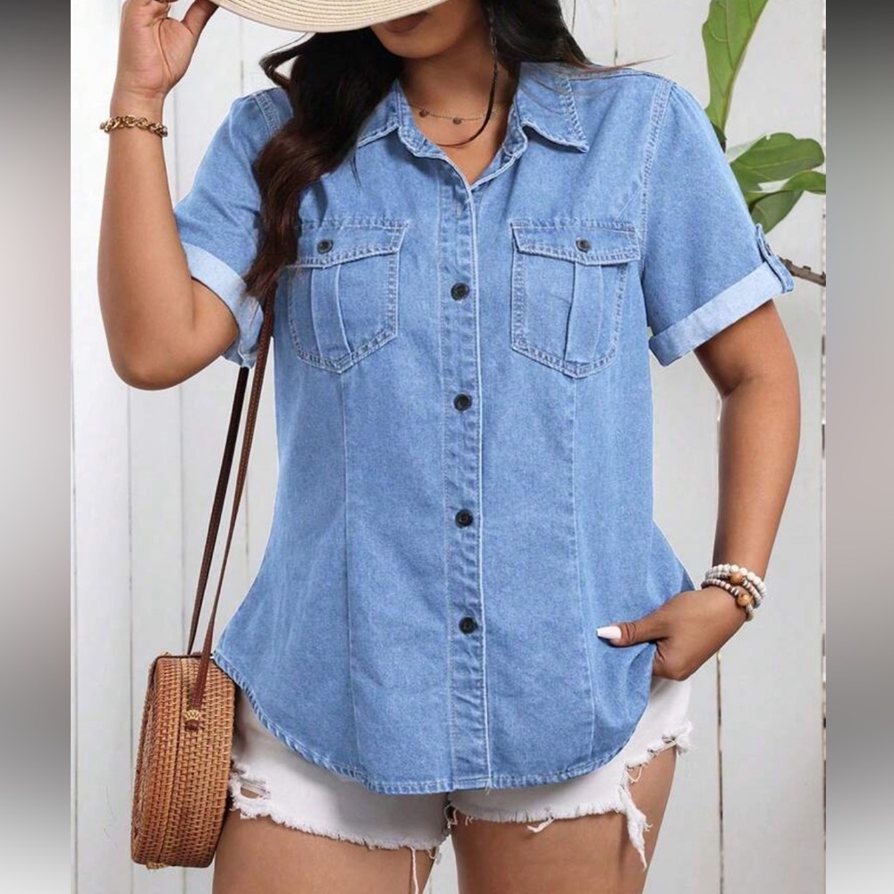 Plus Size Denim Flap Pockets Short Sleeves Top Blouse Button Down Skirt Blue